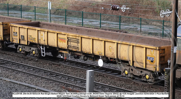 NLU29148 JNA 64.0t Network Rail Bogie Ballast Wagon Tare 26.000kg [design code JNO60 Astro Vagone 2003] ] @ York Holgate Junction 2024-03-02 © Paul Bartlett [1w]