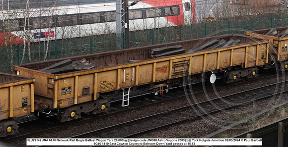 NLU29149 JNA 64.0t Network Rail Bogie Ballast Wagon Tare 26.000kg [design code JNO60 Astro Vagone 2003] ] @ York Holgate Junction 2024-03-02 © Paul Bartlett w