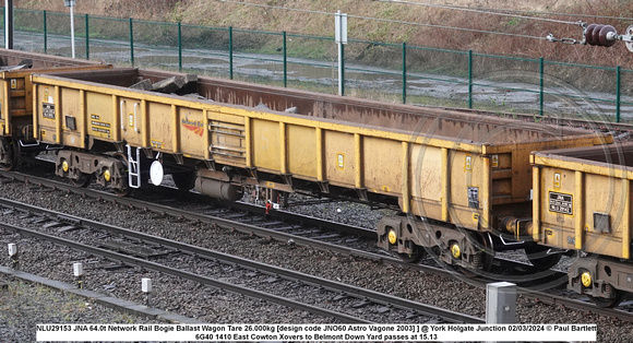 NLU29153 JNA 64.0t Network Rail Bogie Ballast Wagon Tare 26.000kg [design code JNO60 Astro Vagone 2003] ] @ York Holgate Junction 2024-02-22 © Paul Bartlett w