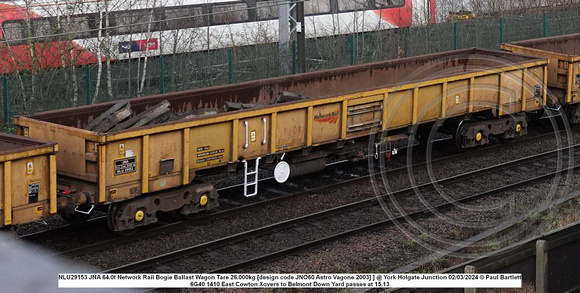 NLU29153 JNA 64.0t Network Rail Bogie Ballast Wagon Tare 26.000kg [design code JNO60 Astro Vagone 2003] ] @ York Holgate Junction 2024-03-02 © Paul Bartlett [2w]