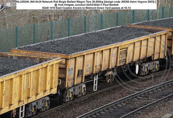 NLU29240 JNA 64.0t Network Rail Bogie Ballast Wagon Tare 26.000kg [design code JNO60 Astro Vagone 2003] ] @ York Holgate Junction 2024-02-22 © Paul Bartlett [3w]