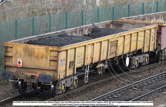 NLU29367 JNA 64.0t Network Rail Bogie Ballast Wagon Tare 26.000kg [design code JNO60 Astro Vagone 2003] ] @ York Holgate Junction 2024-03-02 © Paul Bartlett w