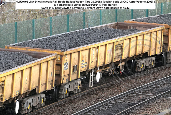 NLU29405 JNA 64.0t Network Rail Bogie Ballast Wagon Tare 26.000kg [design code JNO60 Astro Vagone 2003] ] @ York Holgate Junction 2024-03-02 © Paul Bartlett [1w]