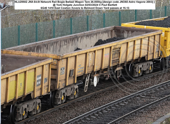 NLU29502 JNA 64.0t Network Rail Bogie Ballast Wagon Tare 26.000kg [design code JNO60 Astro Vagone 2003] ] @ York Holgate Junction 2024-03-02 © Paul Bartlett [1w]