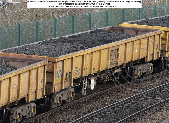 NLU29507 JNA 64.0t Network Rail Bogie Ballast Wagon Tare 26.000kg [design code JNO60 Astro Vagone 2003] ] @ York Holgate Junction 2024-03-02 © Paul Bartlett [2w]