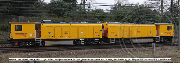 DR79261 [no. 257692 2003] + DR79271 [no. 257693 2003] Harsco Track Technologies RGH-20C Switch and Crossing Rail Grinder @ York Holgate Junction 2024-03-07 © Paul Bartlett [2w]
