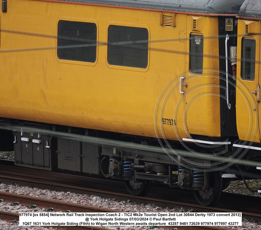977974 [ex 5854] Network Rail Track Inspection Coach 2 - TIC2 Mk2e Tourist Open 2nd Lot 30844 Derby 1973 convert 2013] @ York Holgate Sidings 2024-03-07 © Paul Bartlett [3w]
