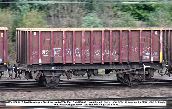 391554 MEA 31.25t Box Mineral wagon EWS Paint tare 14-750kg [Des. Code ME003B convert Marcrofts Stoke 1997-8] @ York Holgate Junction 2024-03-07 © Paul Bartlett w