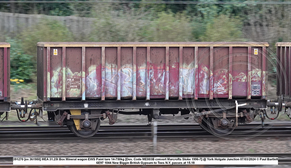 391270 [ex 361988] MEA 31.25t Box Mineral wagon EWS Paint tare 14-750kg [Des. Code ME003B convert Marcrofts Stoke 1996-7] @ York Holgate Junction 2024-03-07 © Paul Bartlett w