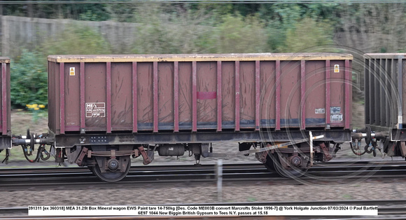 391311 [ex 360318] MEA 31.25t Box Mineral wagon EWS Paint tare 14-750kg [Des. Code ME003B convert Marcrofts Stoke 1996-7] @ York Holgate Junction 2024-03-07 © Paul Bartlett