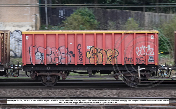 391694 [ex 361207] MEA 31.5t Box Mineral wagon DB Red 8.3.2017 Paint tare 14-500kg [Des. Code ME003B convert RFS Doncaster 1996] @ York Holgate Junction 2024-03-07 © Paul Bartlett w