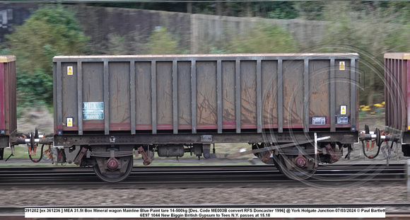 391202 [ex 361236 ] MEA 31.5t Box Mineral wagon Mainline Blue Paint tare 14-500kg [Des. Code ME003B convert RFS Doncaster 1996] @ York Holgate Junction 2024-03-07 © Paul Bartlett w