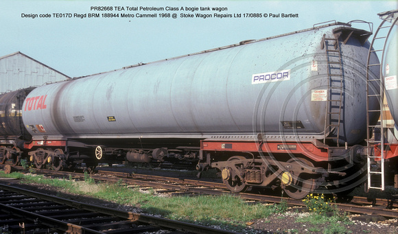 PR82668 TEA Total Petroleum bogie tank wagon @  Stoke Wagon Repairs Ltd 85-08-17 � Paul Bartlett w