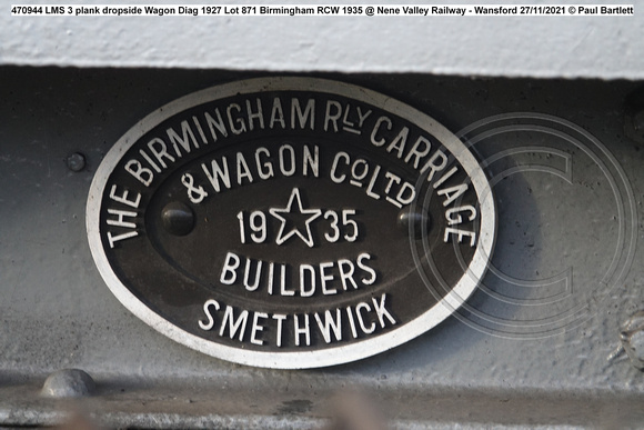 470944 LMS 3 plank dropside Wagon Diag 1927 Lot 871 Birmingham RCW 1935 @ Nene Valley Railway - Wansford 2021-11-27 © Paul Bartlett [2w]
