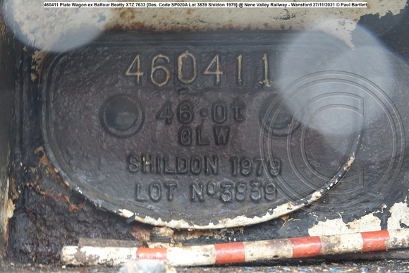 460411 Plate Wagon ex Balfour Beatty [Des. Code SP020A Lot 3839 Shildon 1979] @ Nene Valley Railway - Wansford 2021-11-27 © Paul Bartlett [7w]