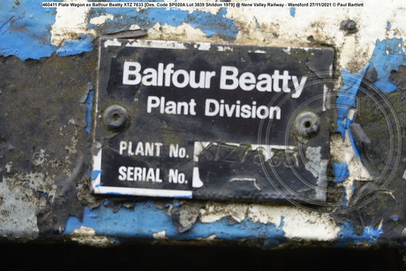 460411 Plate Wagon ex Balfour Beatty [Des. Code SP020A Lot 3839 Shildon 1979] @ Nene Valley Railway - Wansford 2021-11-27 © Paul Bartlett [8w]