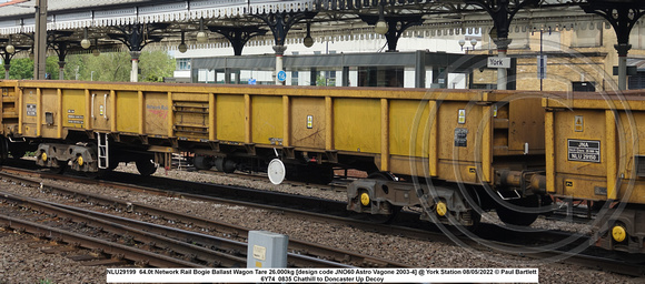 NLU29199 64.0t Network Rail Bogie Ballast Wagon Tare 26.000kg [design code JNO60 Astro Vagone 2003-4] @ York Station 2022-05-08 © Paul Bartlett [2w]