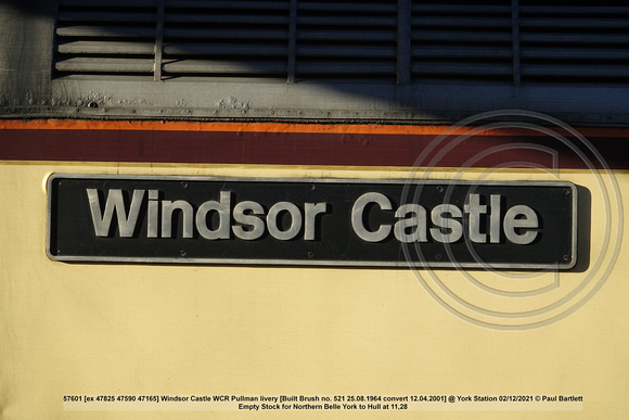 57601 [ex 47825 47590 47165] Windsor Castle WCR Pullman livery [Built Brush no. 521 25.08.1964 convert 12.04.2001] @ York Station 2021-12-02 © Paul Bartlett [8w]
