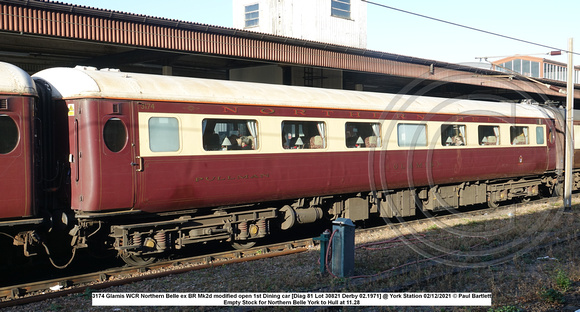 3174 Glamis WCR Northern Belle ex BR Mk2d modified open 1st Dining car [Diag 81 Lot 30821 Derby 02.1971] @ York Station 2021-12-02 © Paul Bartlett [2w]