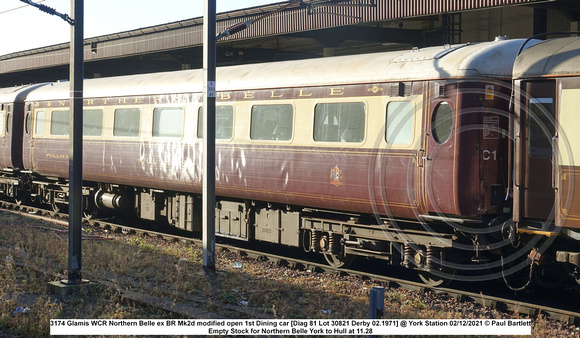 3174 Glamis WCR Northern Belle ex BR Mk2d modified open 1st Dining car [Diag 81 Lot 30821 Derby 02.1971] @ York Station 2021-12-02 © Paul Bartlett [8w]