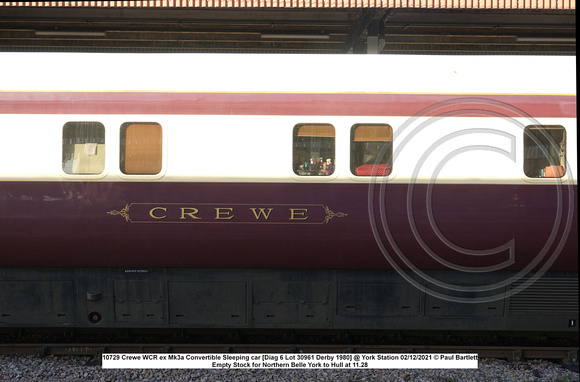 10729 Crewe WCR ex Mk3a Convertible Sleeping car [Diag 6 Lot 30961 Derby 1980] @ York Station 2021-12-02 © Paul Bartlett [4w]