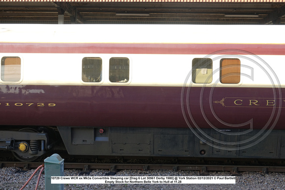 10729 Crewe WCR ex Mk3a Convertible Sleeping car [Diag 6 Lot 30961 Derby 1980] @ York Station 2021-12-02 © Paul Bartlett [3w]