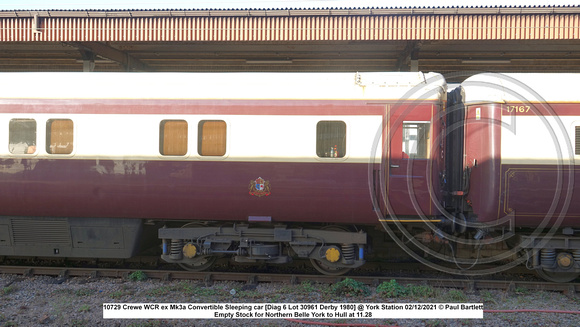 10729 Crewe WCR ex Mk3a Convertible Sleeping car [Diag 6 Lot 30961 Derby 1980] @ York Station 2021-12-02 © Paul Bartlett [6w]