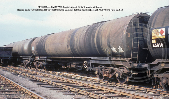 BPO83794 = SMBP7705 Bogie Lagged Oil tank wagon AB Design code TE018H @ Welllingborough 81-07-18 � Paul Bartlett w