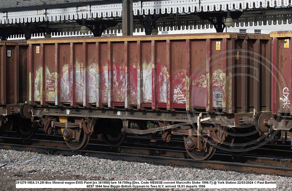 391270 MEA 31.25t Box Mineral wagon EWS Paint [ex 361988] tare 14-750kg [Des. Code ME003B convert Marcrofts Stoke 1996-7] @ York Station 2024-03-22 © Paul Bartlett w