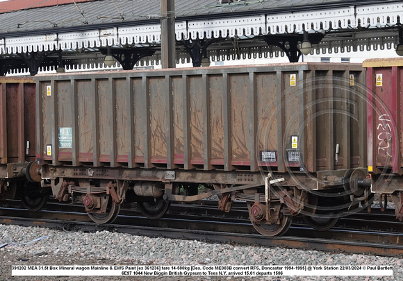 391202 MEA 31.5t Box Mineral wagon Mainline & EWS Paint [ex 361236] tare 14-500kg [Des. Code ME003B convert RFS, Doncaster 1994-1995] @ York Station 2024-03-22 © Paul Bartlett w