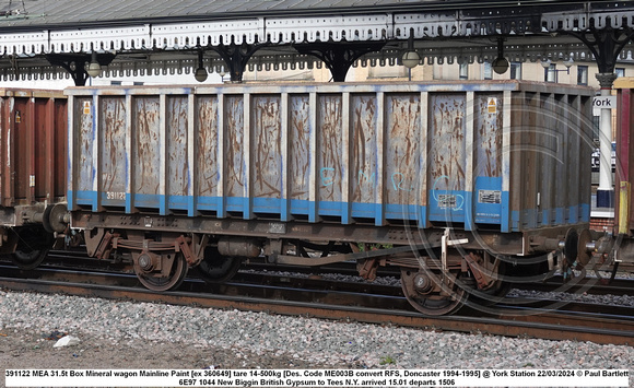 391122 MEA 31.5t Box Mineral wagon Mainline Paint [ex 360649] tare 14-500kg [Des. Code ME003B convert RFS, Doncaster 1994-1995] @ York Station 2024-03-22 © Paul Bartlett w