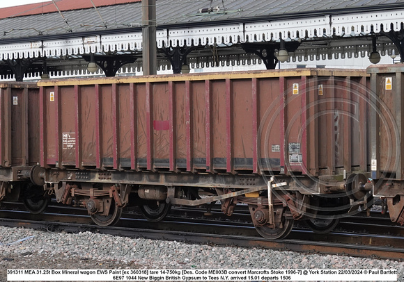 391311 MEA 31.25t Box Mineral wagon EWS Paint [ex 360318] tare 14-750kg [Des. Code ME003B convert Marcrofts Stoke 1996-7] @ York Station 2024-03-22 © Paul Bartlett w