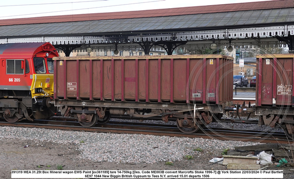 391319 MEA 31.25t Box Mineral wagon EWS Paint [ex361189] tare 14-750kg [Des. Code ME003B convert Marcrofts Stoke 1996-7] @ York Station 2024-03-22 © Paul Bartlett w