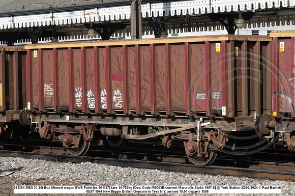 391391 MEA 31.25t Box Mineral wagon EWS Paint [ex 361127] tare 14-750kg [Des. Code ME003B convert Marcrofts Stoke 1997-8] @ York Station 2024-03-22 © Paul Bartlett w