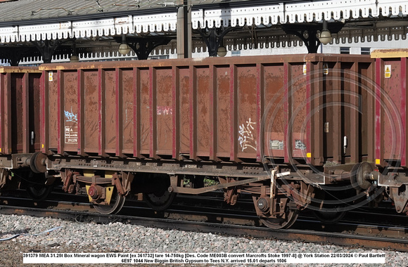 391379 MEA 31.25t Box Mineral wagon EWS Paint [ex 361732] tare 14-750kg [Des. Code ME003B convert Marcrofts Stoke 1997-8] @ York Station 2024-03-22 © Paul Bartlett w