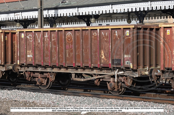 391374 MEA 31.25t Box Mineral wagon EWS Paint [ex 360518] tare 14-750kg [Des. Code ME003B convert Marcrofts Stoke 1997-8] @ York Station 2024-03-22 © Paul Bartlett w