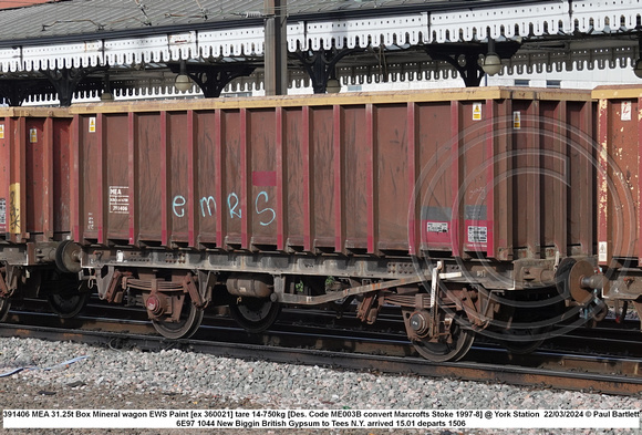 391406 MEA 31.25t Box Mineral wagon EWS Paint [ex 360021] tare 14-750kg [Des. Code ME003B convert Marcrofts Stoke 1997-8] @ York Station 2024-03-22 © Paul Bartlett w