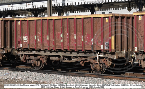 391459 MEA 31.25t Box Mineral wagon EWS Paint [ex 361764] tare 14-750kg [Des. Code ME003B convert Marcrofts Stoke 1997-8] @ York Station 2024-03-22 © Paul Bartlett w