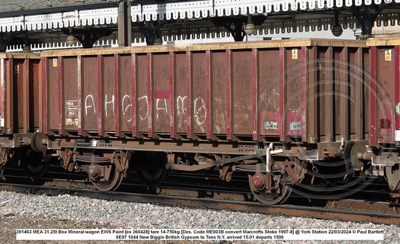 391463 MEA 31.25t Box Mineral wagon EWS Paint [ex 360428] tare 14-750kg [Des. Code ME003B convert Marcrofts Stoke 1997-8] @ York Station 2024-03-22 © Paul Bartlett w