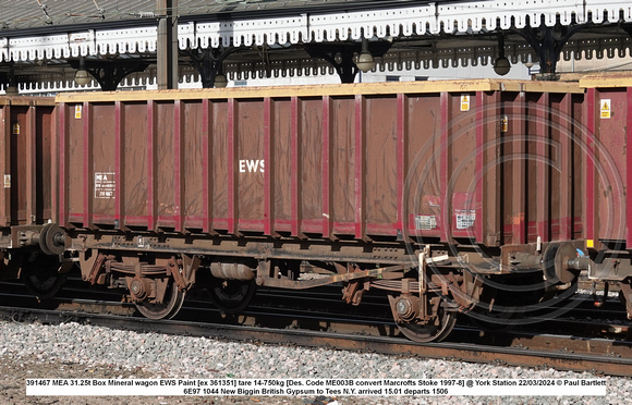 391467 MEA 31.25t Box Mineral wagon EWS Paint [ex 361351] tare 14-750kg [Des. Code ME003B convert Marcrofts Stoke 1997-8] @ York Station 2024-03-22 © Paul Bartlett w