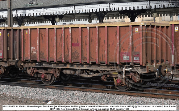 391522 MEA 31.25t Box Mineral wagon EWS Paint [ex 360662] tare 14-750kg [Des. Code ME003B convert Marcrofts Stoke 1997-8] @ York Station 2024-03-22 © Paul Bartlett w