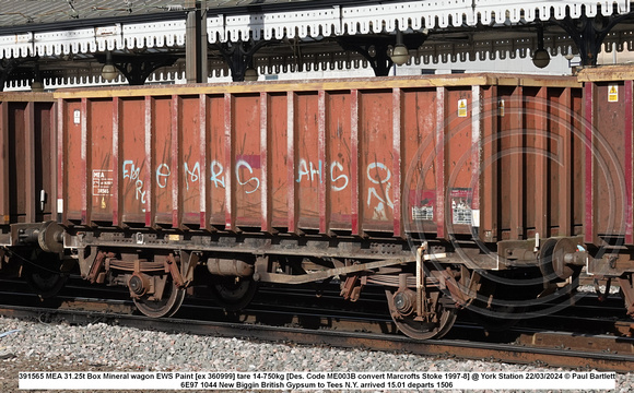 391565 MEA 31.25t Box Mineral wagon EWS Paint [ex 360999] tare 14-750kg [Des. Code ME003B convert Marcrofts Stoke 1997-8] @ York Station 2024-03-22 © Paul Bartlett w