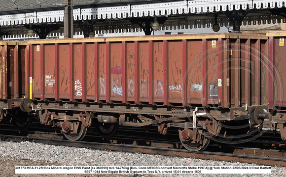 391573 MEA 31.25t Box Mineral wagon EWS Paint [ex 360699] tare 14-750kg [Des. Code ME003B convert Marcrofts Stoke 1997-8] @ York Station 2024-03-22 © Paul Bartlett