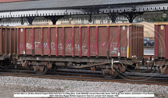 391554 MEA 31.25t Box Mineral wagon EWS Paint tare 14-750kg [Des. Code ME003B convert Marcrofts Stoke 1997-8] @ York Station 2024-03-22 © Paul Bartlett w