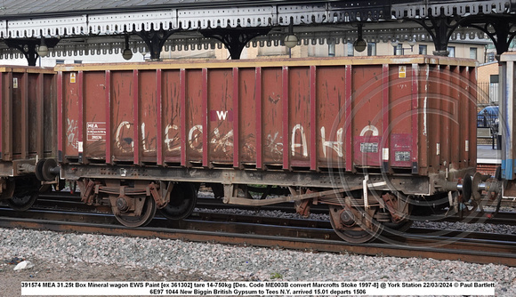 391574 MEA 31.25t Box Mineral wagon EWS Paint [ex 361302] tare 14-750kg [Des. Code ME003B convert Marcrofts Stoke 1997-8] @ York Station 2024-03-22 © Paul Bartlett