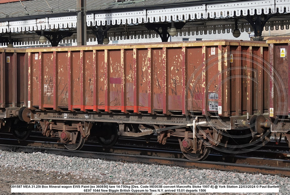 391587 MEA 31.25t Box Mineral wagon EWS Paint [ex 360856] tare 14-750kg [Des. Code ME003B convert Marcrofts Stoke 1997-8] @ York Station 2024-03-22 © Paul Bartlett w