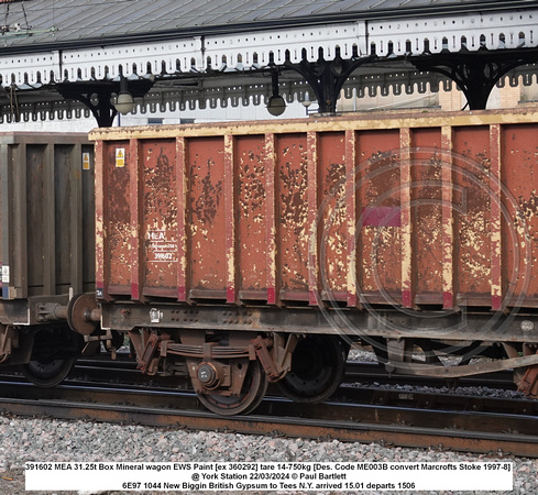 391602 MEA 31.25t Box Mineral wagon EWS Paint [ex 360292] tare 14-750kg [Des. Code ME003B convert Marcrofts Stoke 1997-8] @ York Station 2024-03-22 © Paul Bartlett [2w]