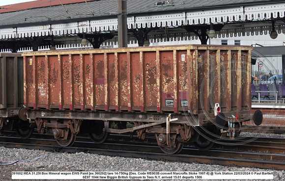 391602 MEA 31.25t Box Mineral wagon EWS Paint [ex 360292] tare 14-750kg [Des. Code ME003B convert Marcrofts Stoke 1997-8] @ York Station 2024-03-22 © Paul Bartlett w
