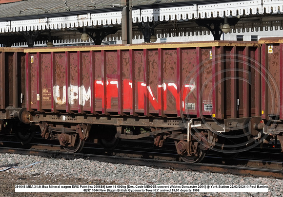 391646 MEA 31.4t Box Mineral wagon EWS Paint [ex 360689] tare 14-600kg [Des. Code ME003B convert Wabtec Doncaster 2004] @ York Station 2024-03-22 © Paul Bartlett w