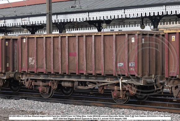 391295 MEA 31.25t Box Mineral wagon EWS Paint [ex 360687] tare 14-750kg [Des. Code ME003B convert Marcrofts Stoke 1996-7] @ York Station 2024-03-22 © Paul Bartlett w